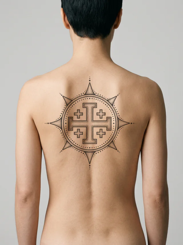 Jerusalem Cross Sunframe Tattoo on-skin preview