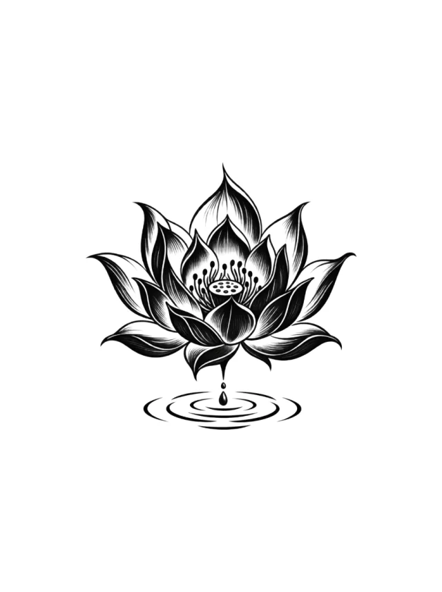Black Lotus Flower Above a Small Ripple Ring Tattoo clean design