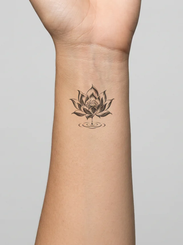 Black Lotus Flower Above a Small Ripple Ring Tattoo on-skin preview