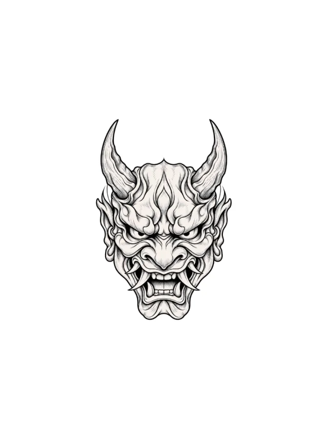 Fine-Line Oni Mask with Two Horns Tattoo clean design