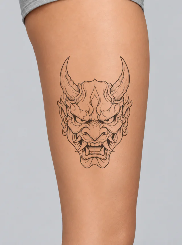 Fine-Line Oni Mask with Two Horns Tattoo on-skin preview