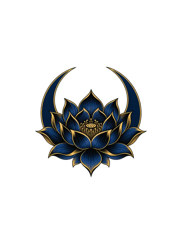 Midnight-Blue and Black Lotus Flower with a Simple Crescent Frame Tattoo clean design