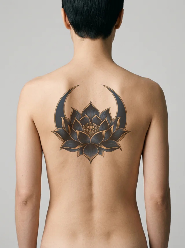 Midnight-Blue and Black Lotus Flower with a Simple Crescent Frame Tattoo on-skin preview