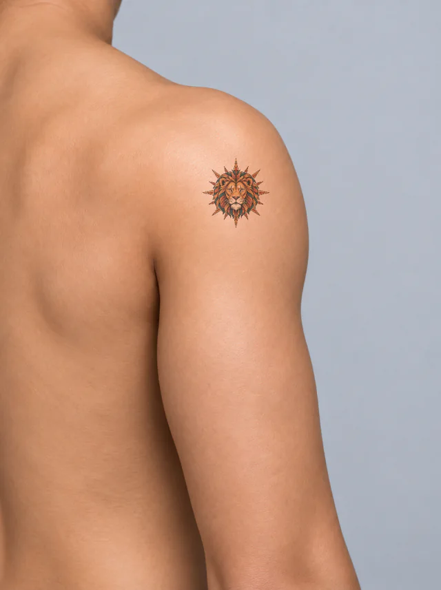Neo-Traditional Radiant Lion Shoulder Tattoo on-skin preview