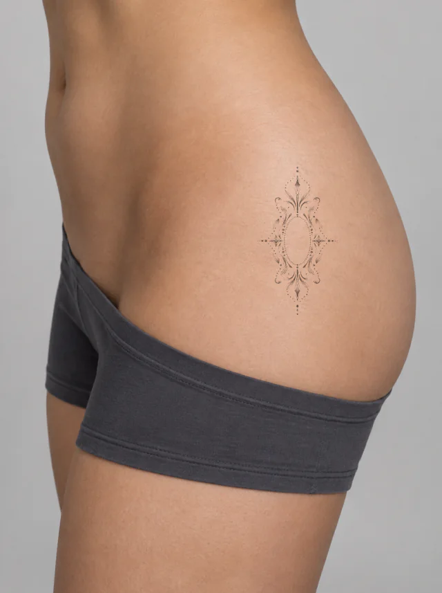 Dotwork Ornamental Hip Tattoo on-skin preview