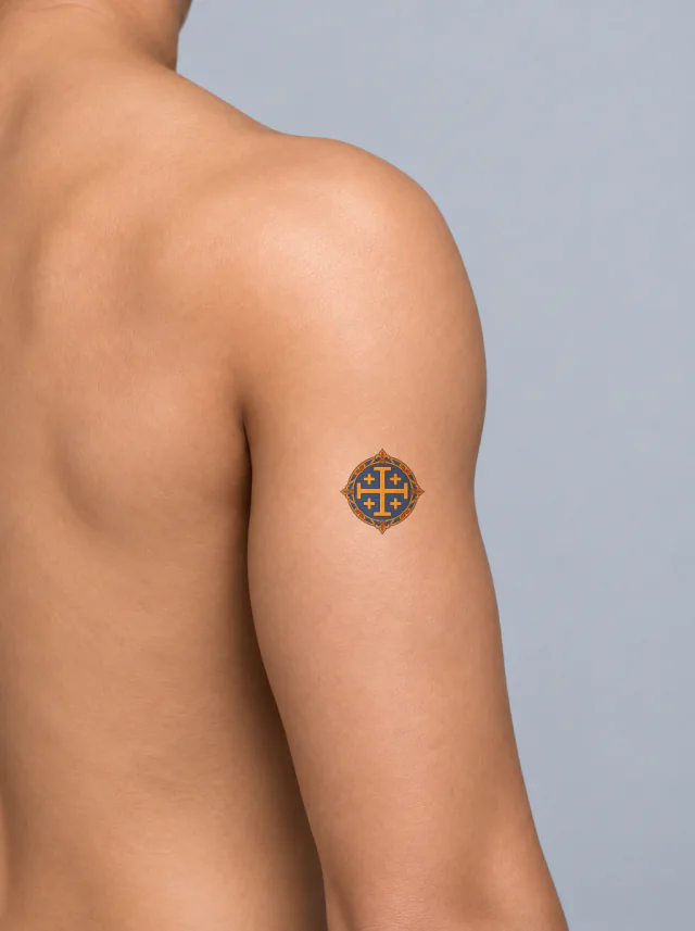 Blue Jerusalem Cross Roundel Tattoo on-skin preview