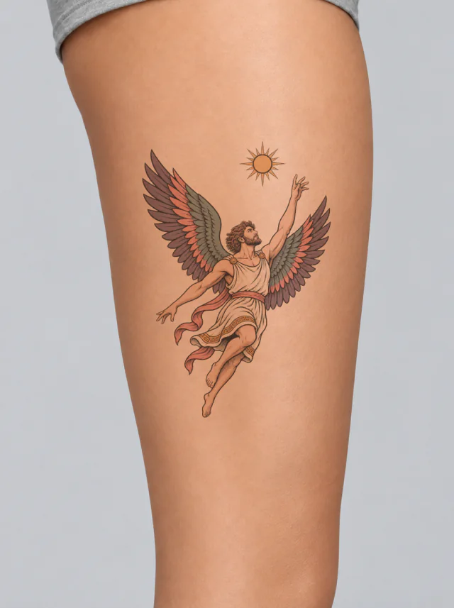 Icarus Winged Sun Arc Tattoo on-skin preview