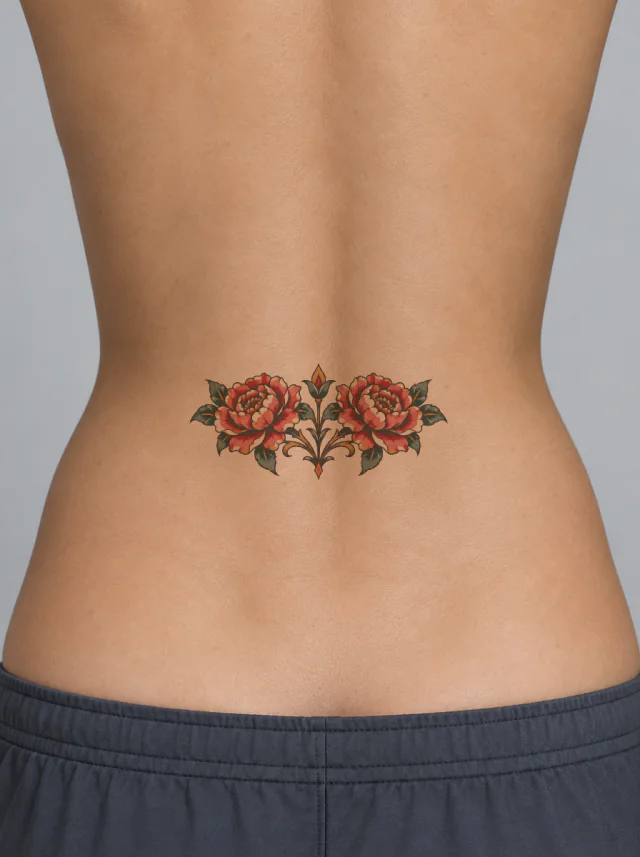 Neo-Traditional Peony Lower Back Tattoo on-skin preview