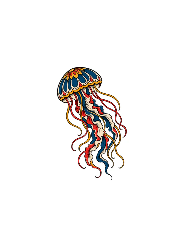 Old-School Blue, Red and Gold Jellyfish Tattoo clean design