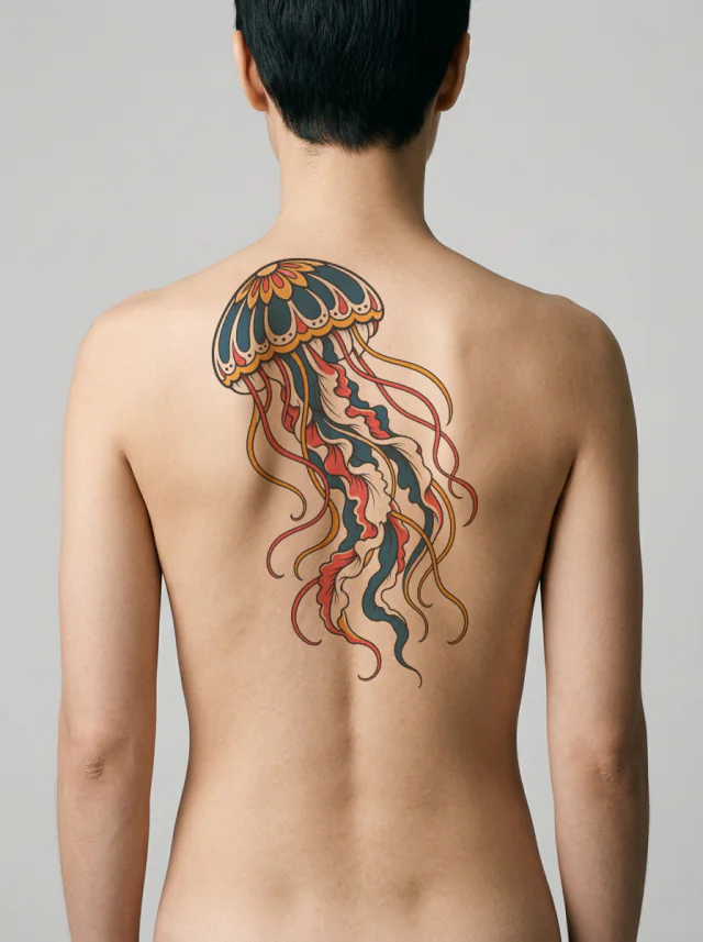Old-School Blue, Red and Gold Jellyfish Tattoo on-skin preview