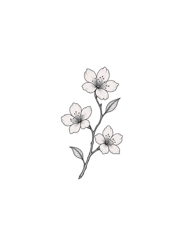Single Cherry Blossom Sprig Tattoo clean design