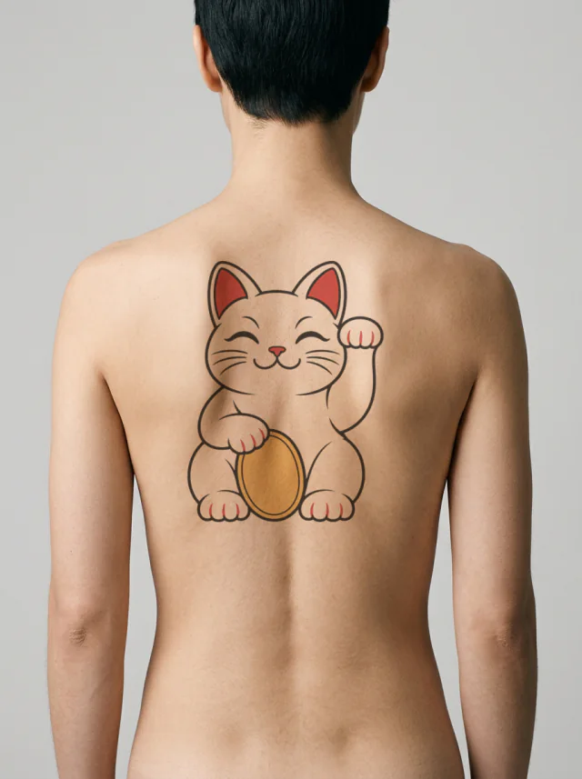 Old-School Red, Black and Gold Maneki-Neko Tattoo on-skin preview
