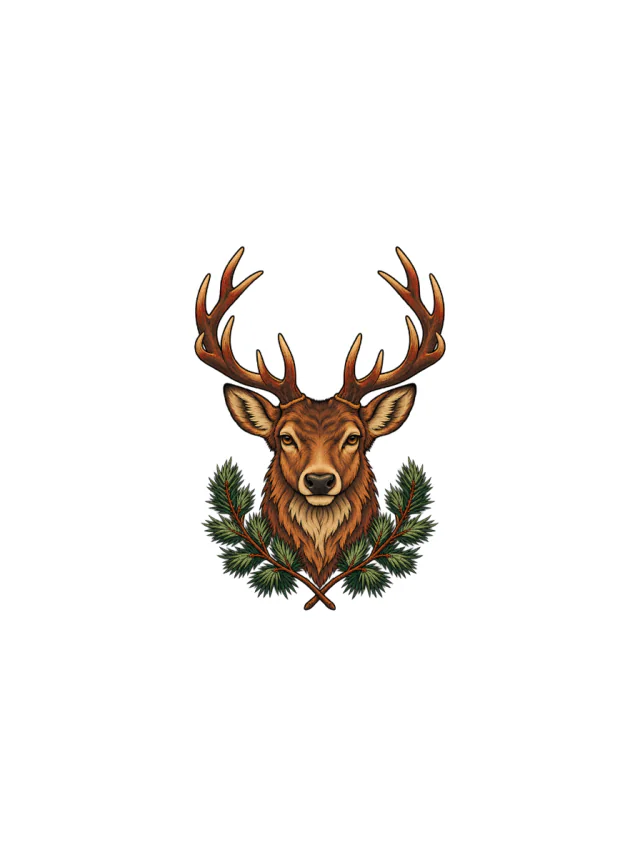 Illustrative Stag and Pine Thigh Tattoo clean design