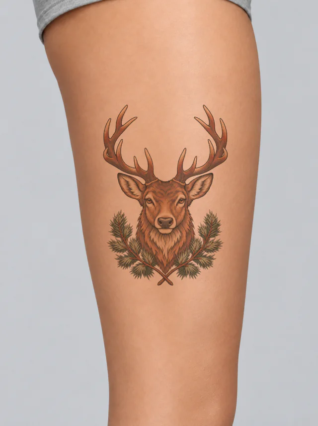 Illustrative Stag and Pine Thigh Tattoo on-skin preview