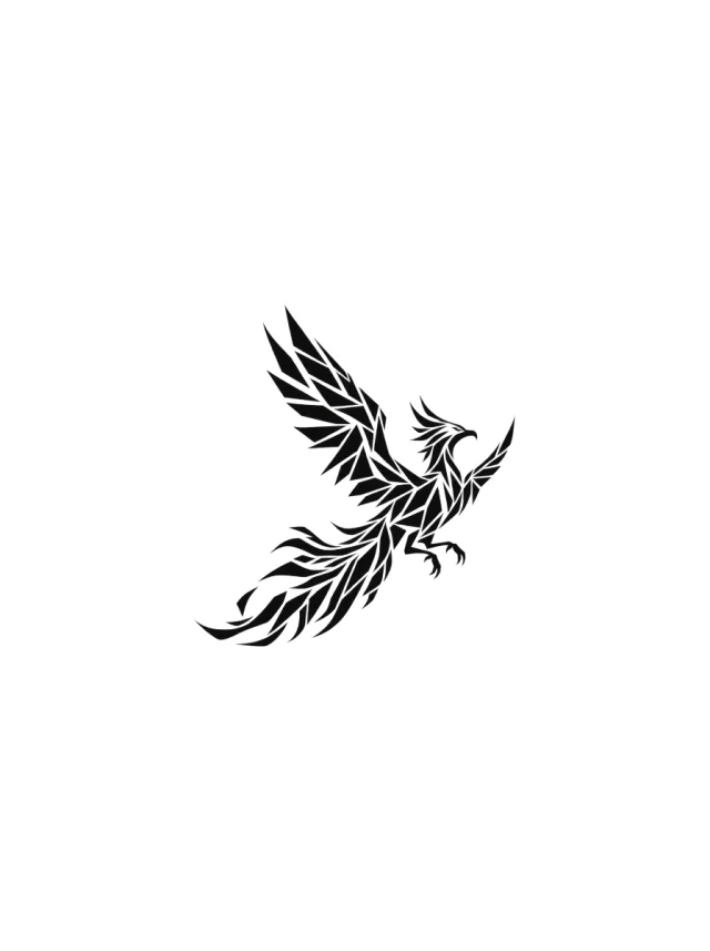 Geometric Blackwork Phoenix Upper Back Tattoo clean design