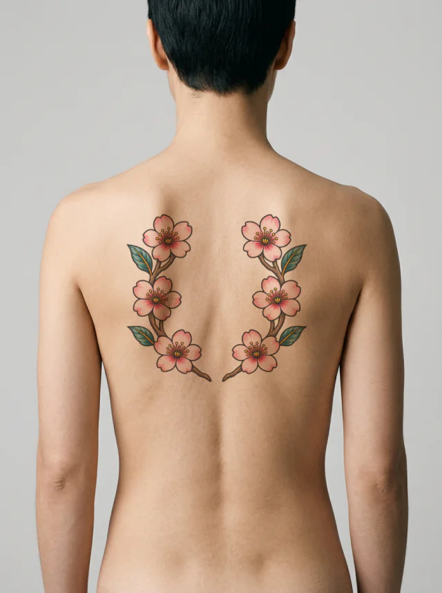 Cherry Blossom Oval Wreath Tattoo on-skin preview