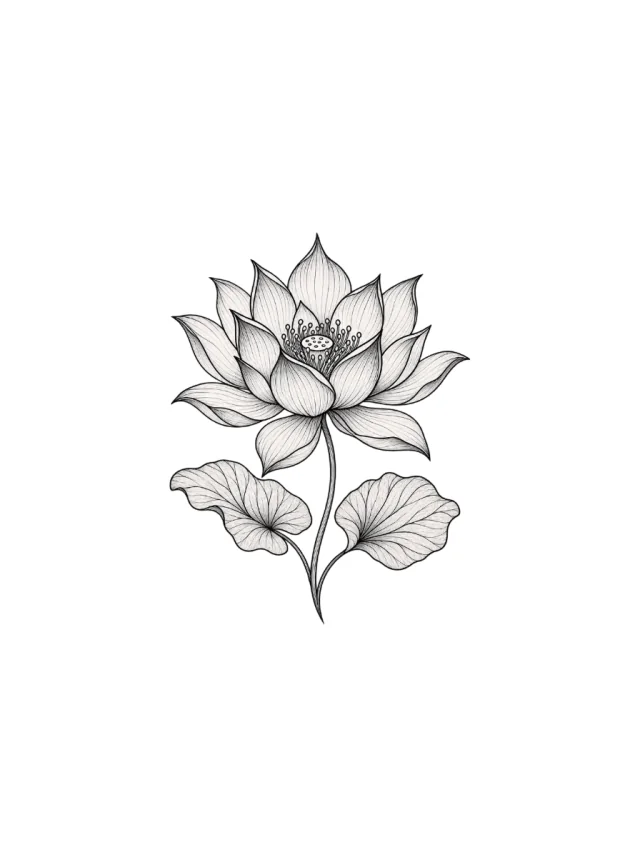 Fine-Line Black Lotus Bloom Above Two Leaves Tattoo clean design