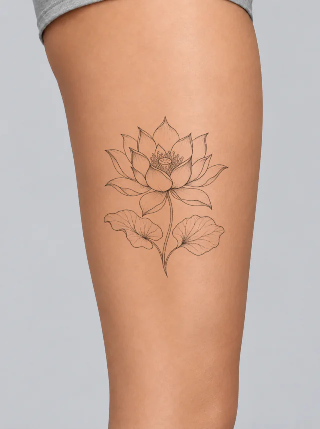 Fine-Line Black Lotus Bloom Above Two Leaves Tattoo on-skin preview