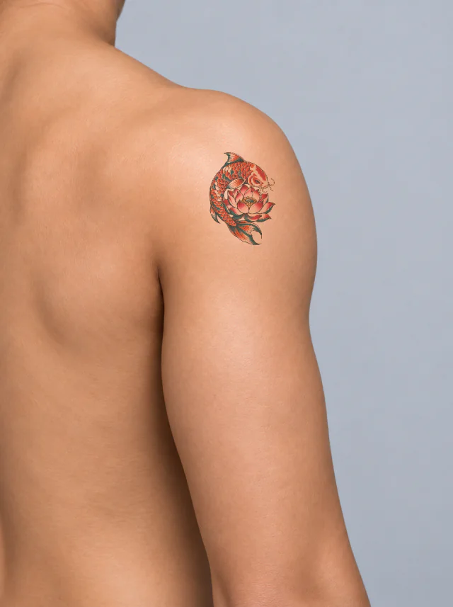 Neo-Traditional Koi and Lotus Shoulder Tattoo on-skin preview