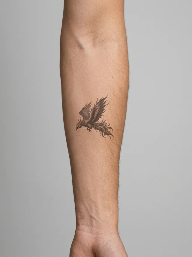 Black-and-Grey Diving Phoenix Tattoo on-skin preview