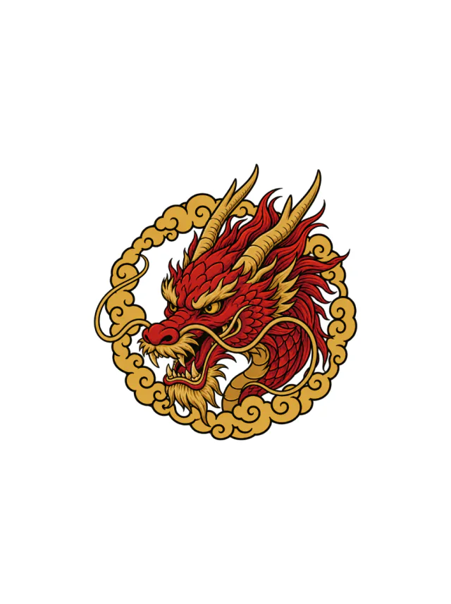 Red-And-Gold Japanese-Inspired Dragon Head with Flowing Whiskers and Cloud Ring Tattoo clean design