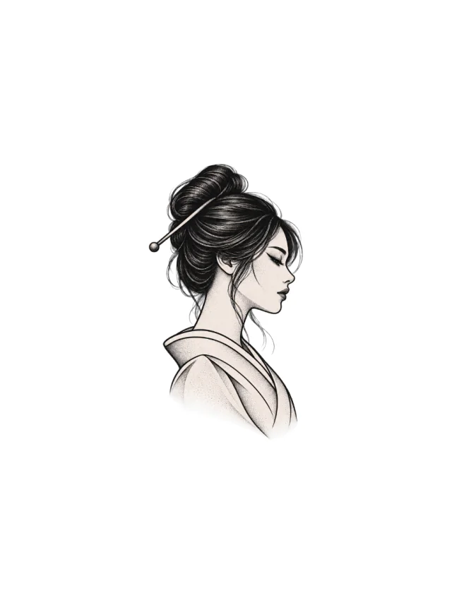 Geisha-Inspired Side Profile with Kanzashi Hairpin and Negative-Space Kimono Folds Tattoo clean design