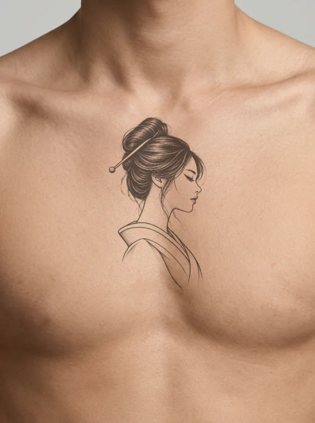 Geisha-Inspired Side Profile with Kanzashi Hairpin and Negative-Space Kimono Folds Tattoo on-skin preview