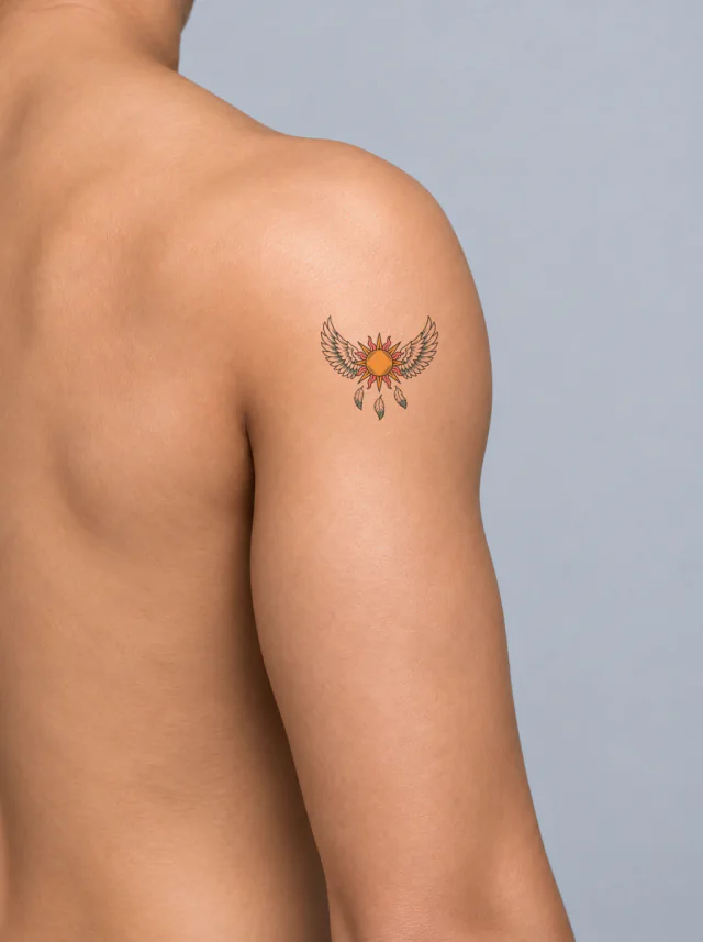 Icarus Wings and Sun Medallion Tattoo on-skin preview