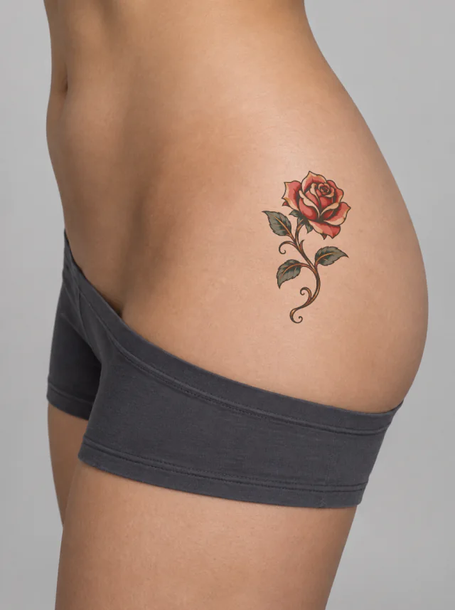Neo-Traditional Rose Vine Hip Tattoo on-skin preview