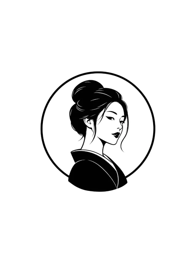 Geisha-Inspired Portrait with Circular Moon Frame Tattoo clean design