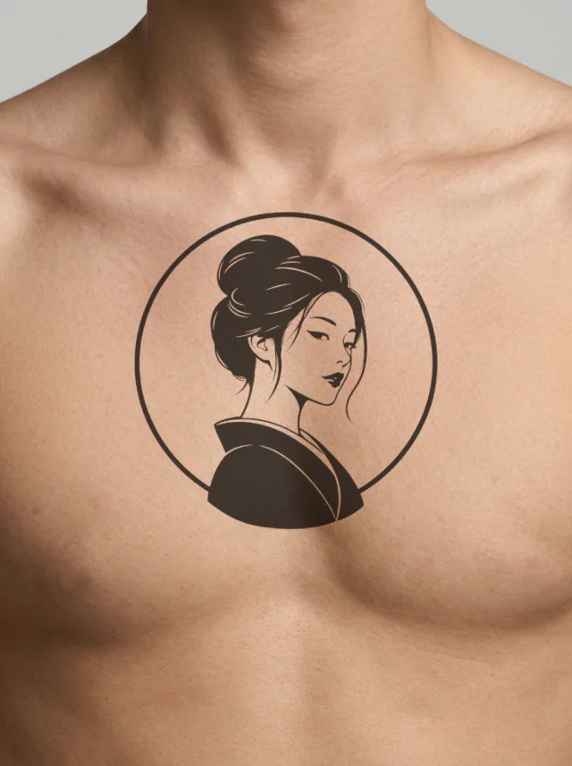 Geisha-Inspired Portrait with Circular Moon Frame Tattoo on-skin preview