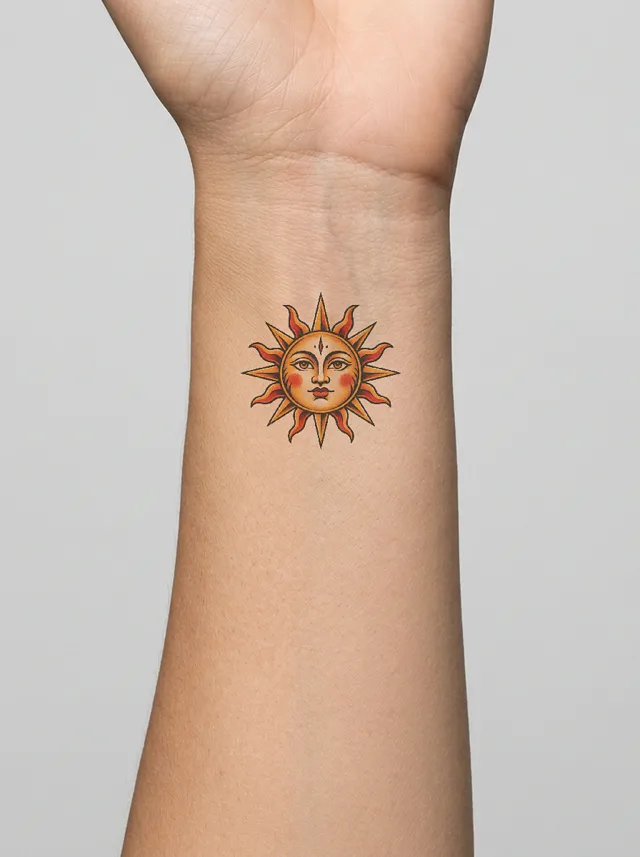 Old School Sun Disk Wrist Tattoo on-skin preview