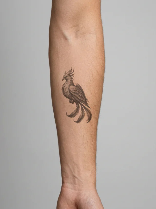 Micro-Realism Resting Phoenix Forearm Tattoo on-skin preview