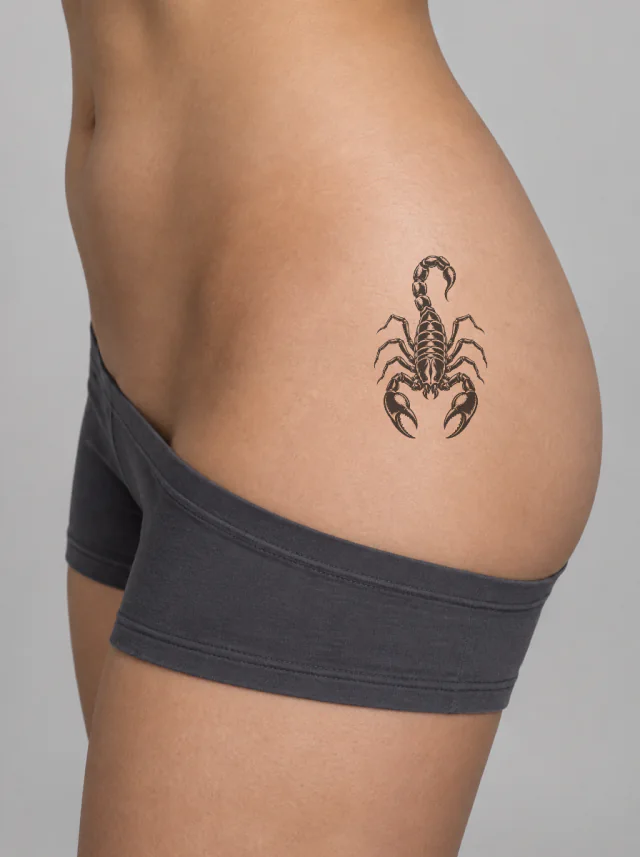 Blackwork Scorpion Hip Tattoo on-skin preview