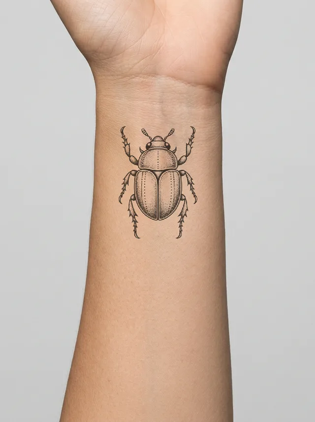 Dotwork Scarab Wrist Tattoo on-skin preview