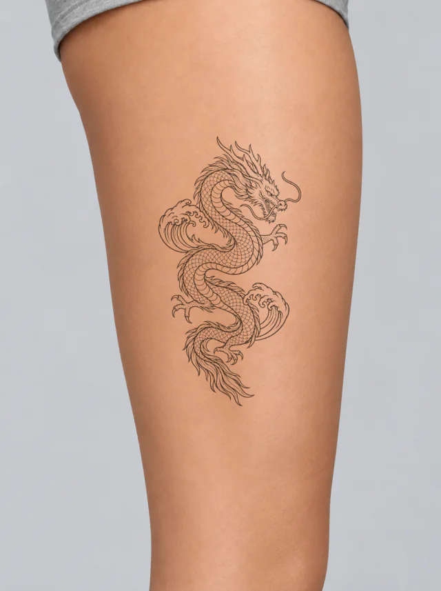 Long Japanese-Inspired Water Dragon in an S-Curve with Two Wave Crests Tattoo on-skin preview