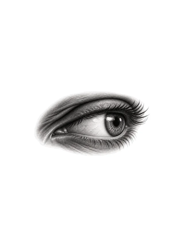 Exactly one sideways-looking eye motif in a compact horizontal composition, no surrounding face Tattoo clean design