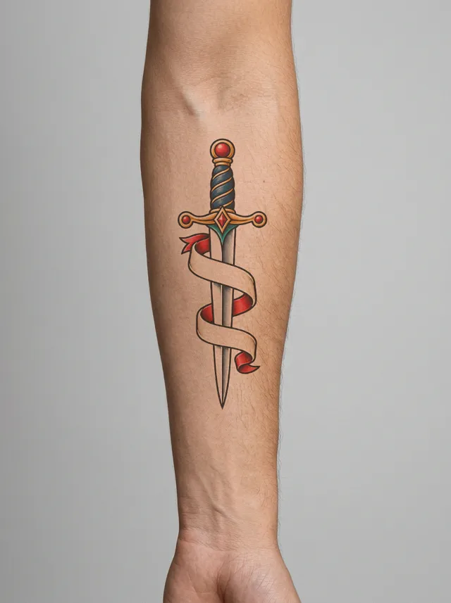 Old School Sword Inner Forearm Tattoo on-skin preview