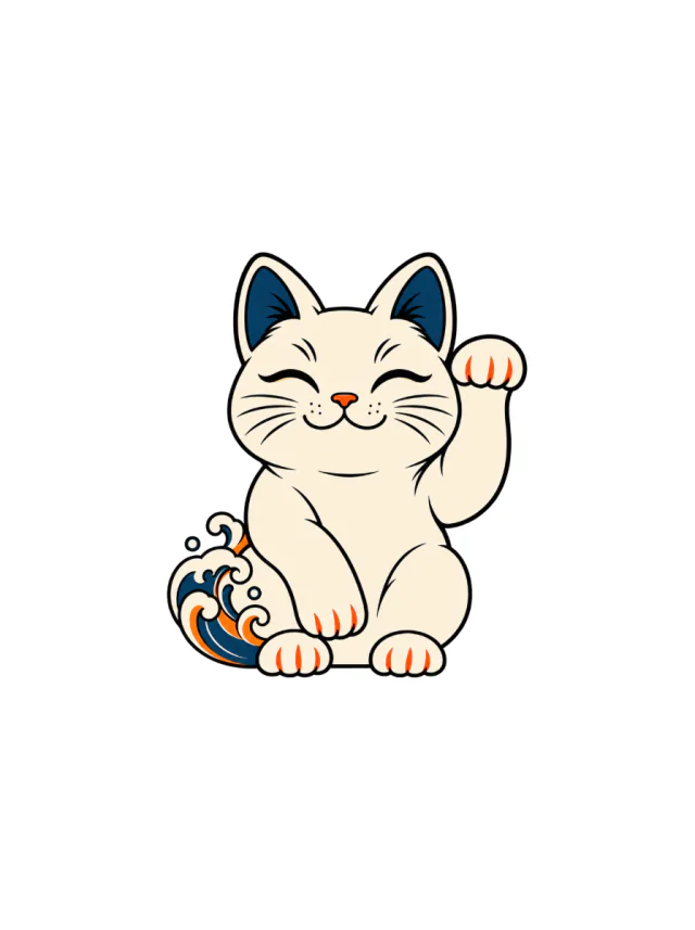Indigo-And-Orange Maneki-Neko with Raised Paw and a Small Wave Accent Tattoo clean design