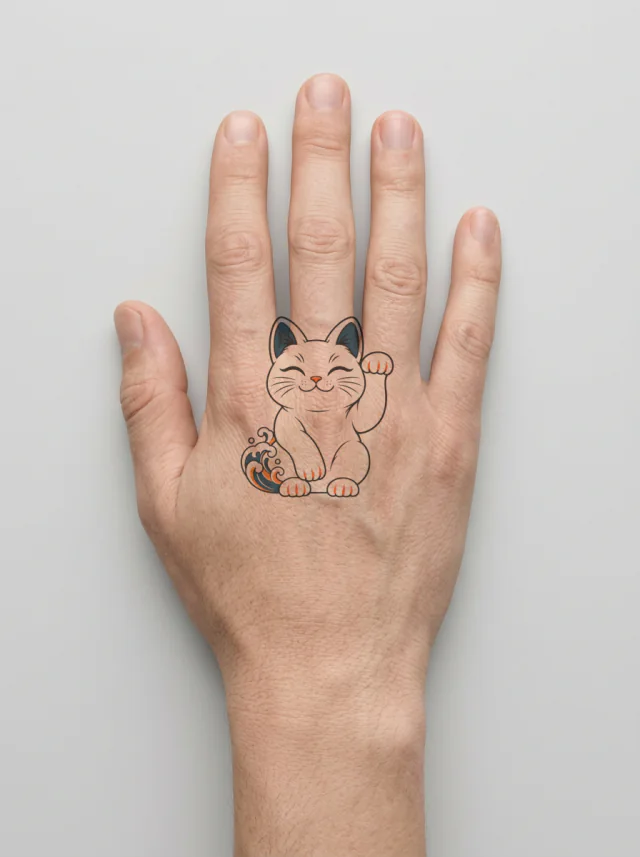 Indigo-And-Orange Maneki-Neko with Raised Paw and a Small Wave Accent Tattoo on-skin preview
