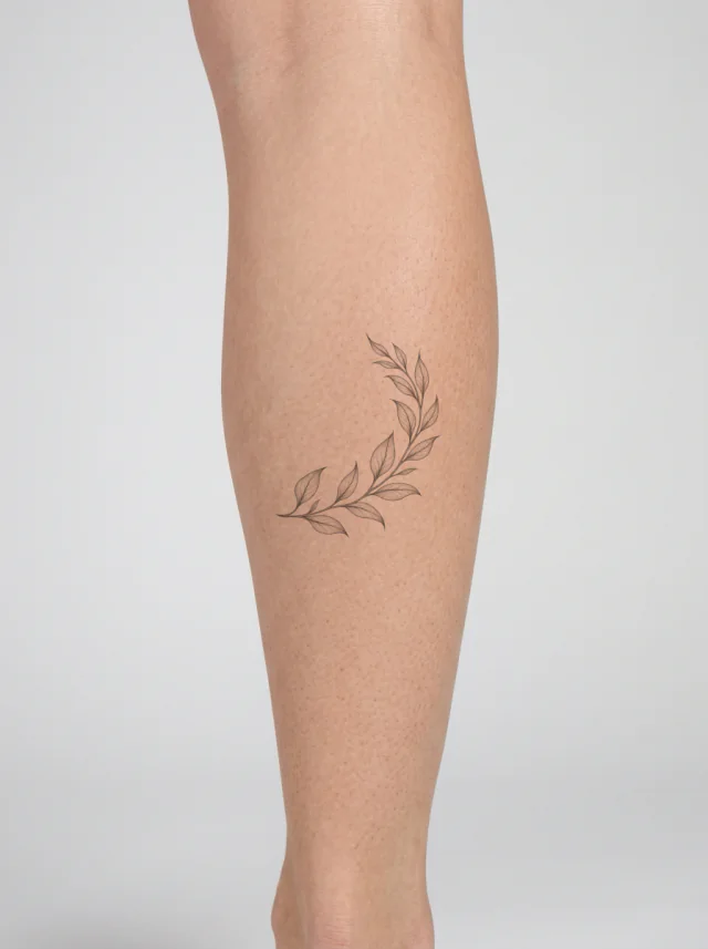Tatuaje de rama de olivo en la pantorrilla, en la piel