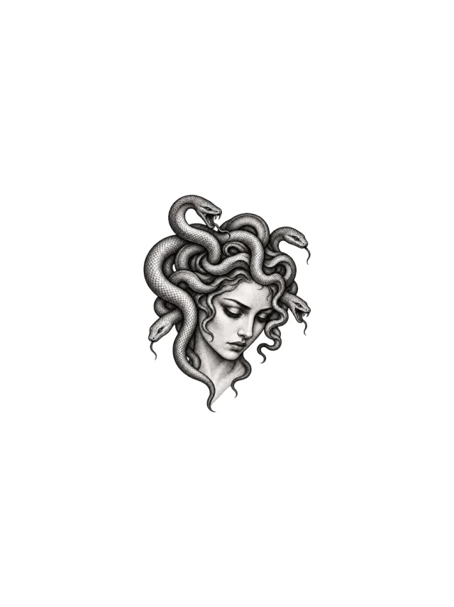 Downward Dotwork Medusa Portrait Tattoo clean design