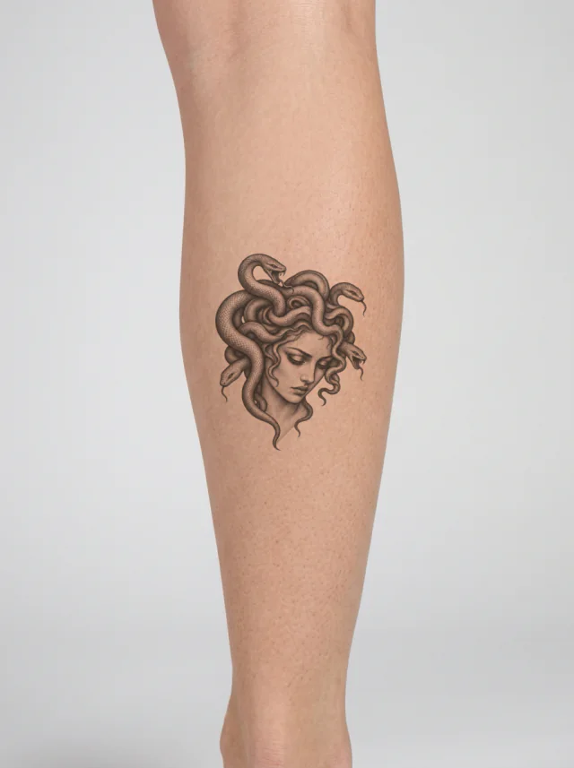 Downward Dotwork Medusa Portrait Tattoo on-skin preview