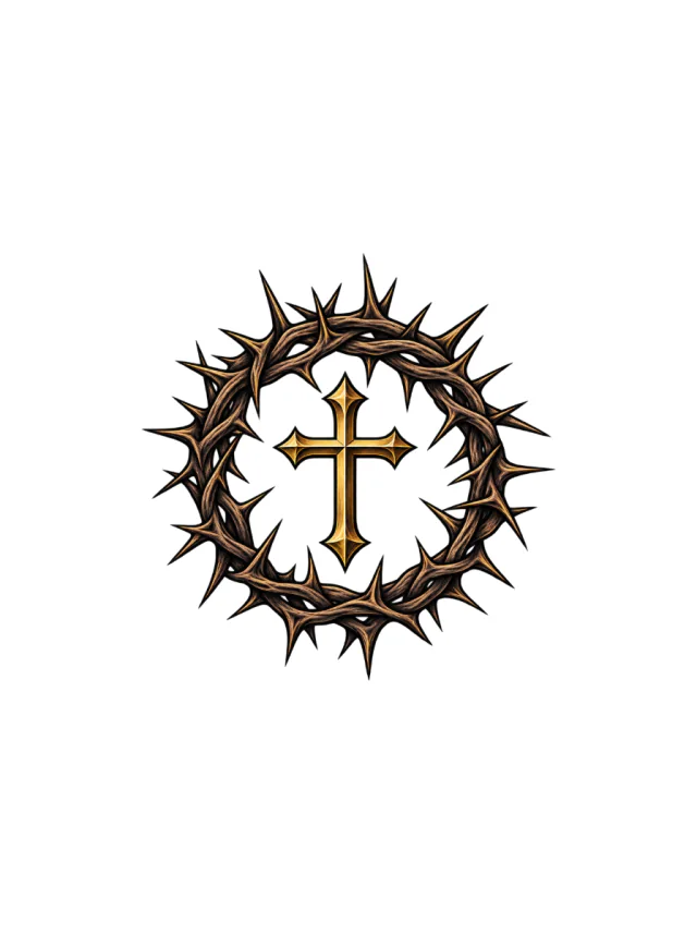 Crown of Thorns Encircling a Small Gold Latin Cross Tattoo clean design