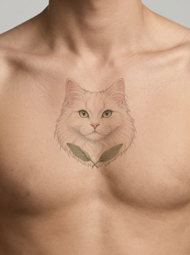 Illustrative Long-haired White Cat Tattoo on-skin preview