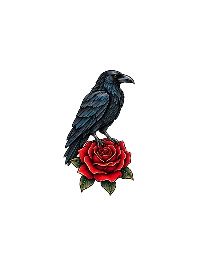 Neo-Traditional Raven and Rose Forearm Tattoo clean design
