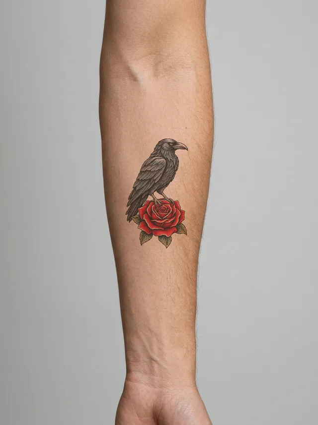 Neo-Traditional Raven and Rose Forearm Tattoo on-skin preview