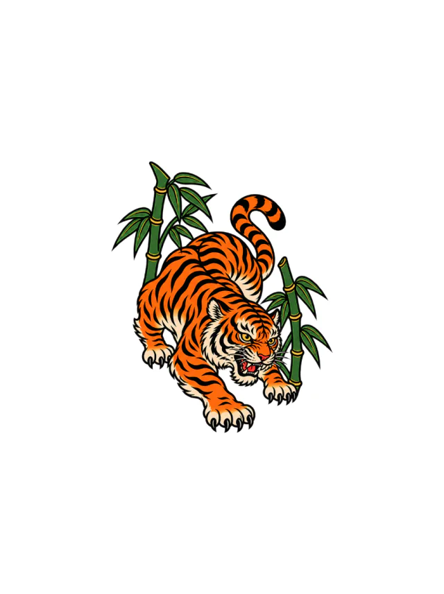 Japanese Tiger with Bamboo Tattoo clean design