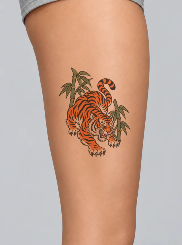 Japanese Tiger with Bamboo Tattoo on-skin preview