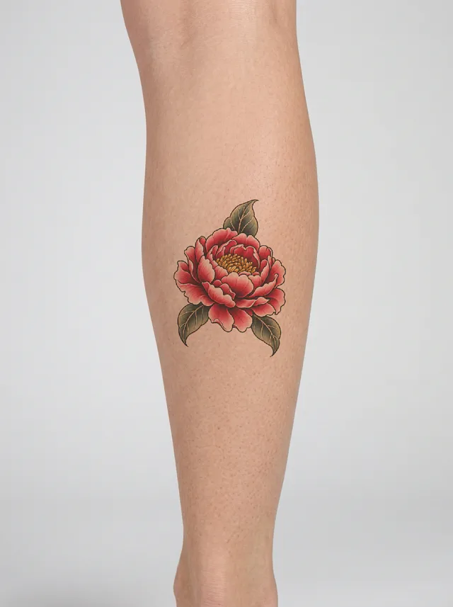Neo-Traditional Peony Calf Tattoo on-skin preview